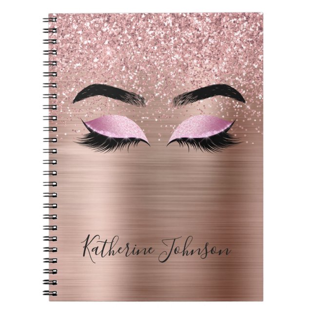Glam Rose Gold Glitter Beauty Lashes Monogram Notebook (Front)