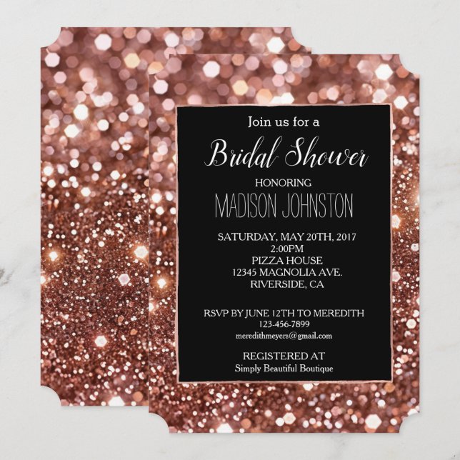 Glam Rose Gold Glitter Black  Invitation (Front/Back)
