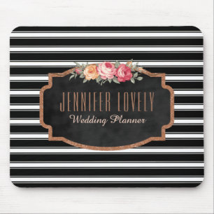 Glam Rose Gold Glitter Black Stripes Monogram Mouse Mat