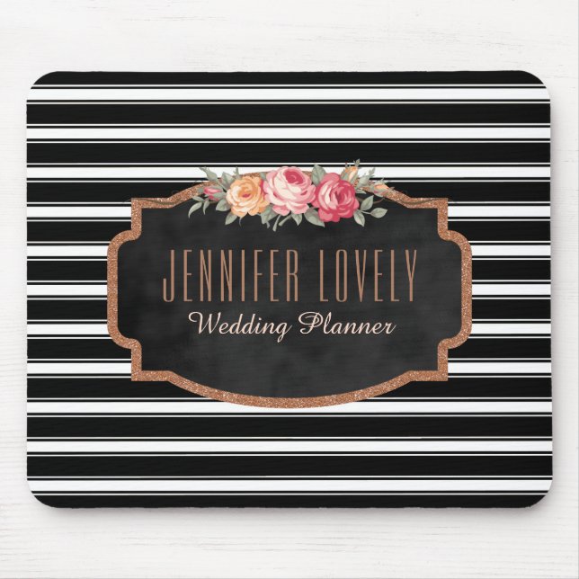 Glam Rose Gold Glitter Black Stripes  | Monogram Mouse Mat (Front)