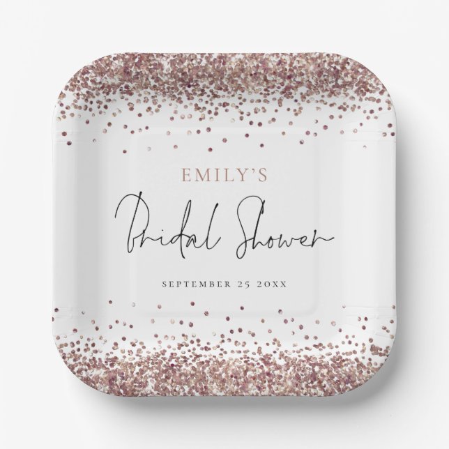 Glam Rose Gold Glitter Bridal Shower Paper Plate (Front)
