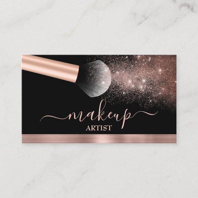 Glam Rose Gold Glitter Brush Makeup Artist Salon Business Card (Front)