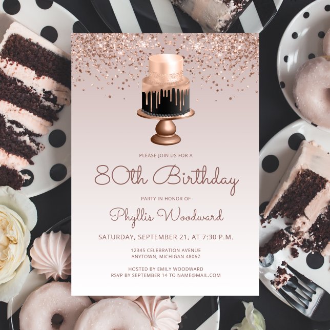Glam Rose Gold Glitter Cake 80th Birthday Party Invitation (Creator Uploaded)