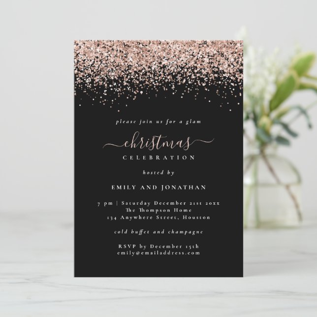 Glam Rose Gold Glitter Christmas Party Black Invit Invitation (Standing Front)