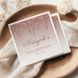 Glam Rose Gold Glitter Drip 70th Birthday Party Napkin