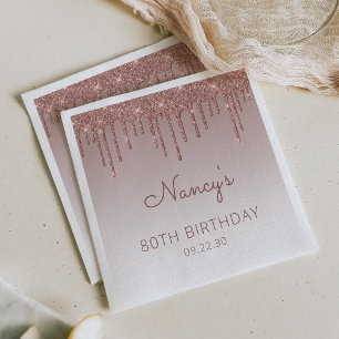 Glam Rose Gold Glitter Drip 80th Birthday Party Napkin