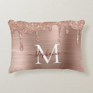 Glam Rose Gold Glitter Drip Elegant Monogram Decorative Cushion