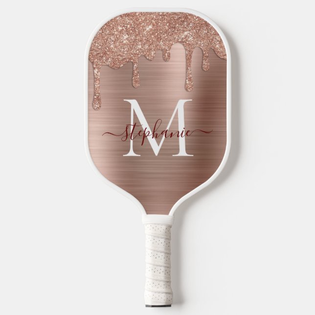 Glam Rose Gold Glitter Drip Elegant Monogram Pickleball Paddle (Front)