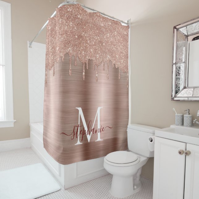 Glam Rose Gold Glitter Drip Elegant Monogram Shower Curtain (In Situ)