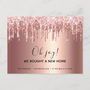 Glam Rose Gold Glitter Drip New Address Announcement Postcard