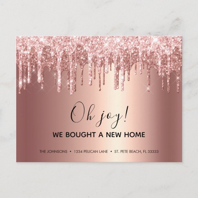 Glam Rose Gold Glitter Drip New Address Announcement Postcard (Front)