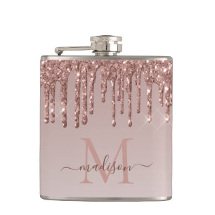 Glam Rose Gold Glitter Dripping Sparkle Monogram Hip Flask