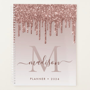 Glam Rose Gold Glitter Drips Elegant Monogram 2022 Planner