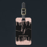 Glam Rose Gold Glitter Drips Monogram Script Luggage Tag<br><div class="desc">Sylish, Girly, Elegant, Light Rose Gold Glitter Drips 2 Monogram Script custom personalised name monogrammed luggage tag on black. Featuring a modern luxury faux light pink rose gold glitter dripping frame, a large double hand lettered monogram script font with swashes (large size initials), and a serif type font name in...</div>