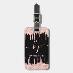 Glam Rose Gold Glitter Drips Monogram Script Luggage Tag