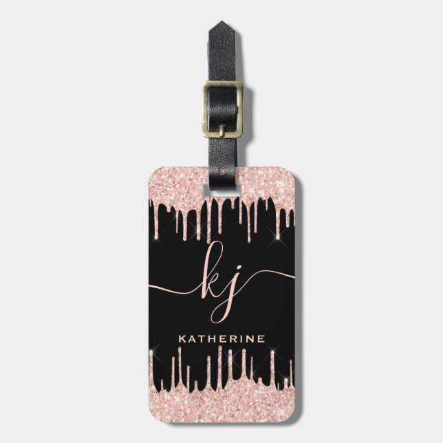 Glam Rose Gold Glitter Drips Monogram Script Luggage Tag (Front Vertical)