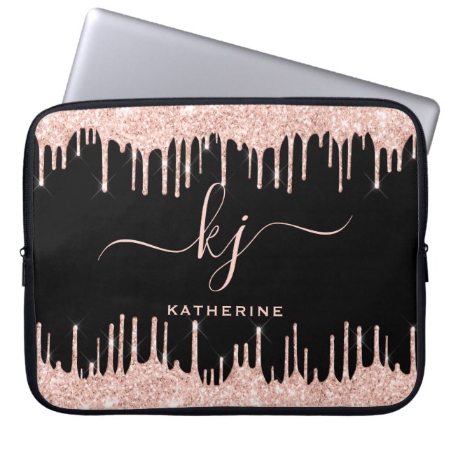 Glam Rose Gold Glitter Drips Monogrammed Laptop Sleeve (Front)