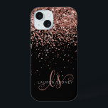 Glam Rose Gold Glitter Elegant Monogram iPhone 15 Case<br><div class="desc">Glam Rose Gold Glitter Elegant Monogram iPhone Case. Easily personalise this trendy chic phone case design featuring elegant rose gold sparkling glitter on a black background. The design features your handwritten script monogram with pretty swirls and name.</div>