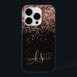Glam Rose Gold Glitter Elegant Monogram iPhone 14 Pro Case<br><div class="desc">Glam Rose Gold Glitter Elegant Monogram iPhone Case. Easily personalise this trendy chic phone case design featuring elegant rose gold sparkling glitter on a black background. The design features your handwritten script monogram with pretty swirls and name.</div>