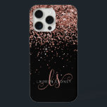Glam Rose Gold Glitter Elegant Monogram iPhone 15 Pro Max Case<br><div class="desc">Glam Rose Gold Glitter Elegant Monogram iPhone Case. Easily personalise this trendy chic phone case design featuring elegant rose gold sparkling glitter on a black background. The design features your handwritten script monogram with pretty swirls and name.</div>