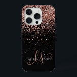 Glam Rose Gold Glitter Elegant Monogram iPhone 15 Pro Case<br><div class="desc">Glam Rose Gold Glitter Elegant Monogram iPhone Case. Easily personalise this trendy chic phone case design featuring elegant rose gold sparkling glitter on a black background. The design features your handwritten script monogram with pretty swirls and name.</div>