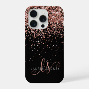 Glam Rose Gold Glitter Elegant Monogram iPhone 15 Pro Case