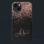 Glam Rose Gold Glitter Elegant Monogram iPhone 13 Case<br><div class="desc">Glam Rose Gold Glitter Elegant Monogram iPhone Case. Easily personalize this trendy chic phone case design featuring elegant rose gold sparkling glitter on a black background. The design features your handwritten script monogram with pretty swirls and name.</div>
