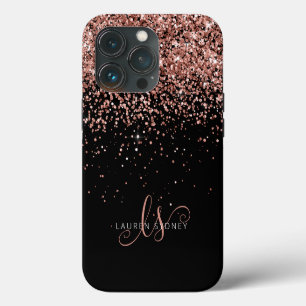 Glam Rose Gold Glitter Elegant Monogram iPhone 13 Pro Case