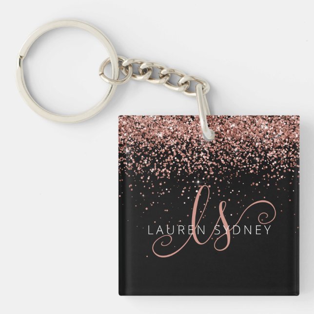 Glam Rose Gold Glitter Elegant Monogram Key Ring (Front)