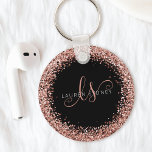 Glam Rose Gold Glitter Elegant Monogram Key Ring<br><div class="desc">Glam Rose Gold Glitter Elegant Monogram Keychain,  Easily personalise this trendy chic keychain design featuring elegant rose gold sparkling glitter on a black background. The design features your handwritten script monogram with pretty swirls and your name.</div>