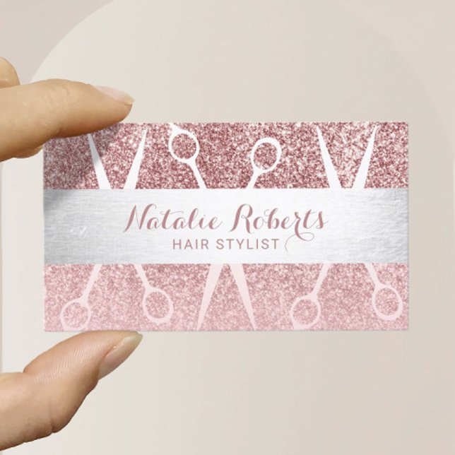 Glam Rose Gold Glitter Hair Stylist Beauty Salon Business Card (Creator Uploaded)