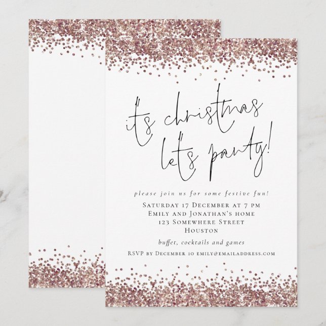 Glam Rose Gold Glitter Its Christmas Lets Party  Invitation (Front/Back)
