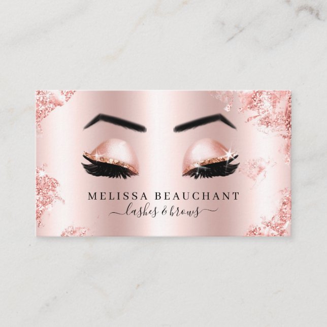 Glam Rose Gold Glitter Lashes Brows Makeup Artist Business Card (Front)