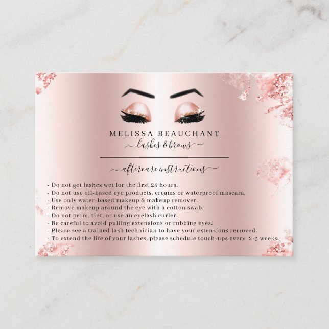 Glam Rose Gold Glitter Lashes Salon Aftercare Business Card (Front)