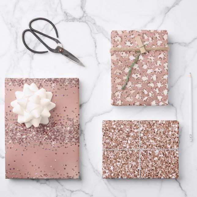 Glam Rose Gold Glitter Leopard Wrapping Paper Sheet (Front)