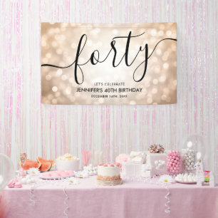 Glam Rose Gold Glitter Lights 40th Birthday  Banner