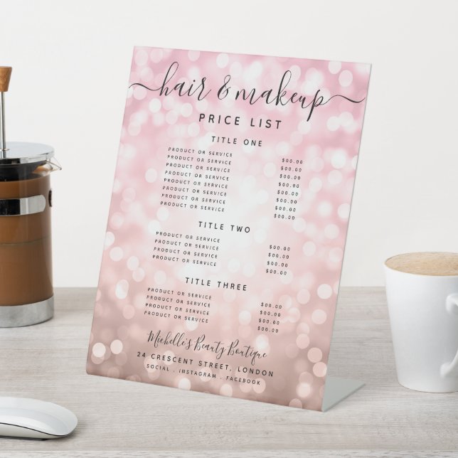 Glam Rose Gold Glitter Lights Salon Price Menu  Pedestal Sign (In SItu)