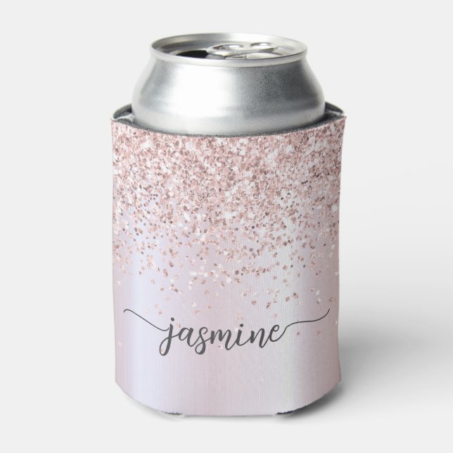 Glam Rose Gold Glitter Metal Monogram Name Script Can Cooler (Can Front)