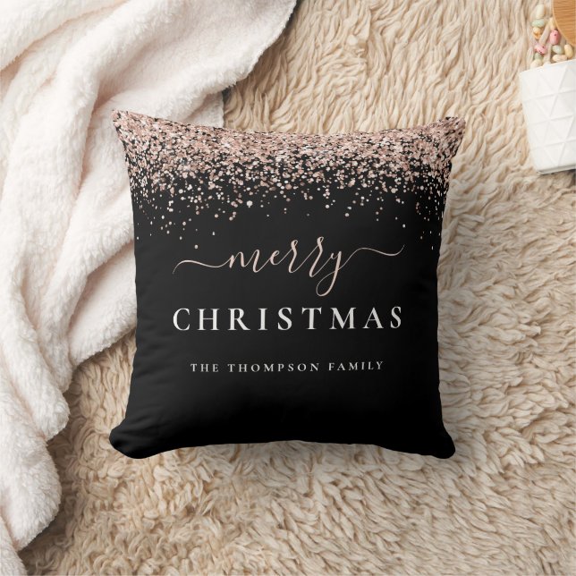Glam Rose Gold Glitter Name Black Merry Christmas Cushion (Blanket)