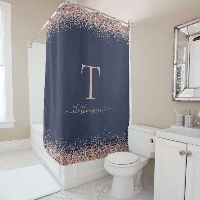 Glam Rose Gold Glitter Name Monogram Initial Navy Shower Curtain (In Situ)