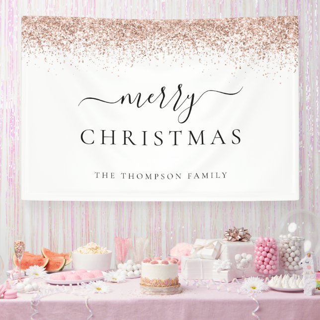 Glam Rose Gold Glitter Name White Merry Christmas Banner (Party)