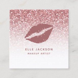 Glam Rose Gold Glitter Pink Lips Makeup Artist Square Business Card