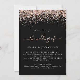 Glam Rose Gold Glitter QR Code Black Wedding Invitation