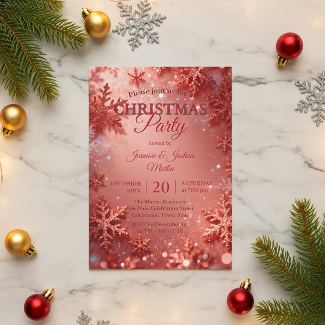 Glam Rose Gold Glitter Snowflake Christmas Party Invitation (Creator Uploaded)