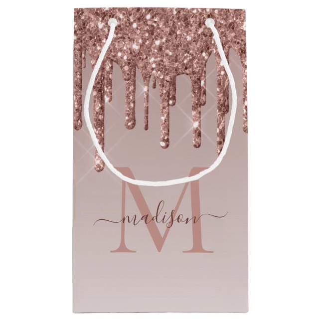 Glam Rose Gold Glitter Sparkle Drips Monogram Small Gift Bag (Back)