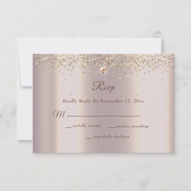 Glam Rose Gold Glitter Sparkle Wedding RSVP Card (Front)