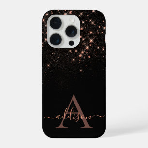 Glam Rose Gold Glitter Sparkling Elegant Monogram iPhone 15 Pro Case
