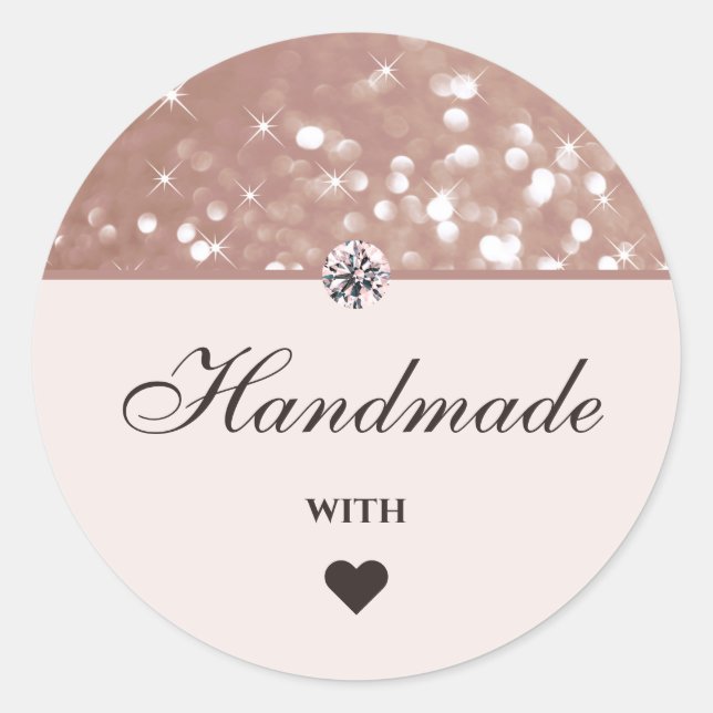 Glam Rose Gold Glitter Stars Handmade with Love Classic Round Sticker (Front)