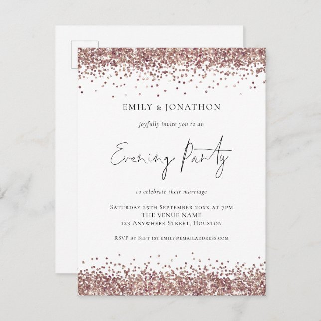 Glam Rose Gold Glitter Wedding Evening Party  Invitation Postcard (Front/Back)