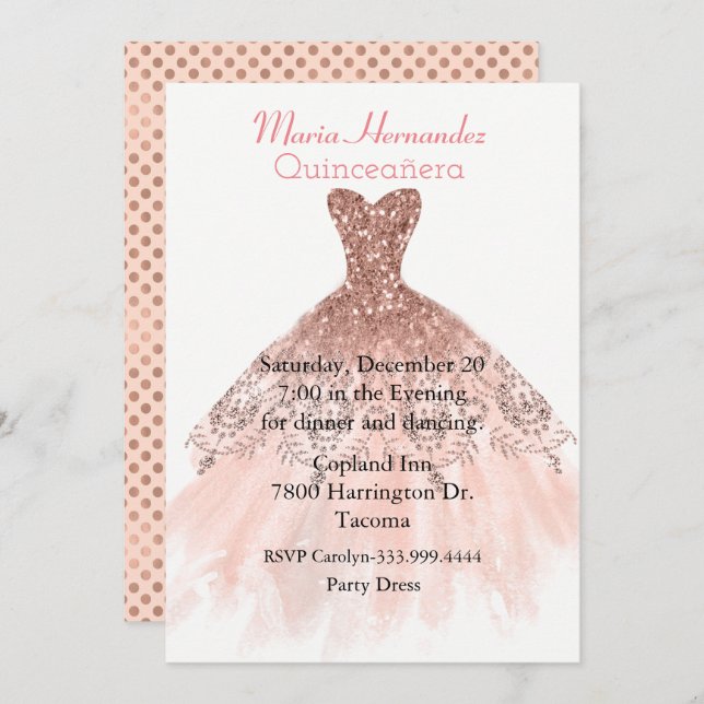 Glam Rose Gold Gown Quinceañera Invitation (Front/Back)